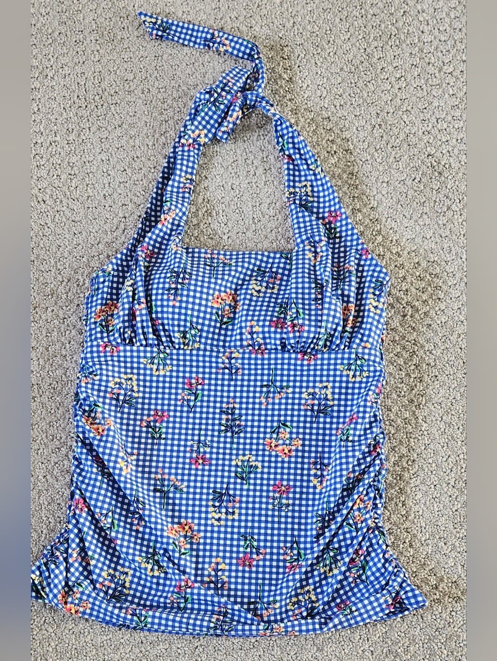 Lands' End Blue Gingham Floral Halter Tankini Top